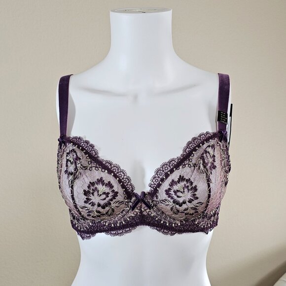 Dita Von Teese Evelina Aubergine Plum Unlined Embroidered Bra, Size 38B - Picture 1 of 10